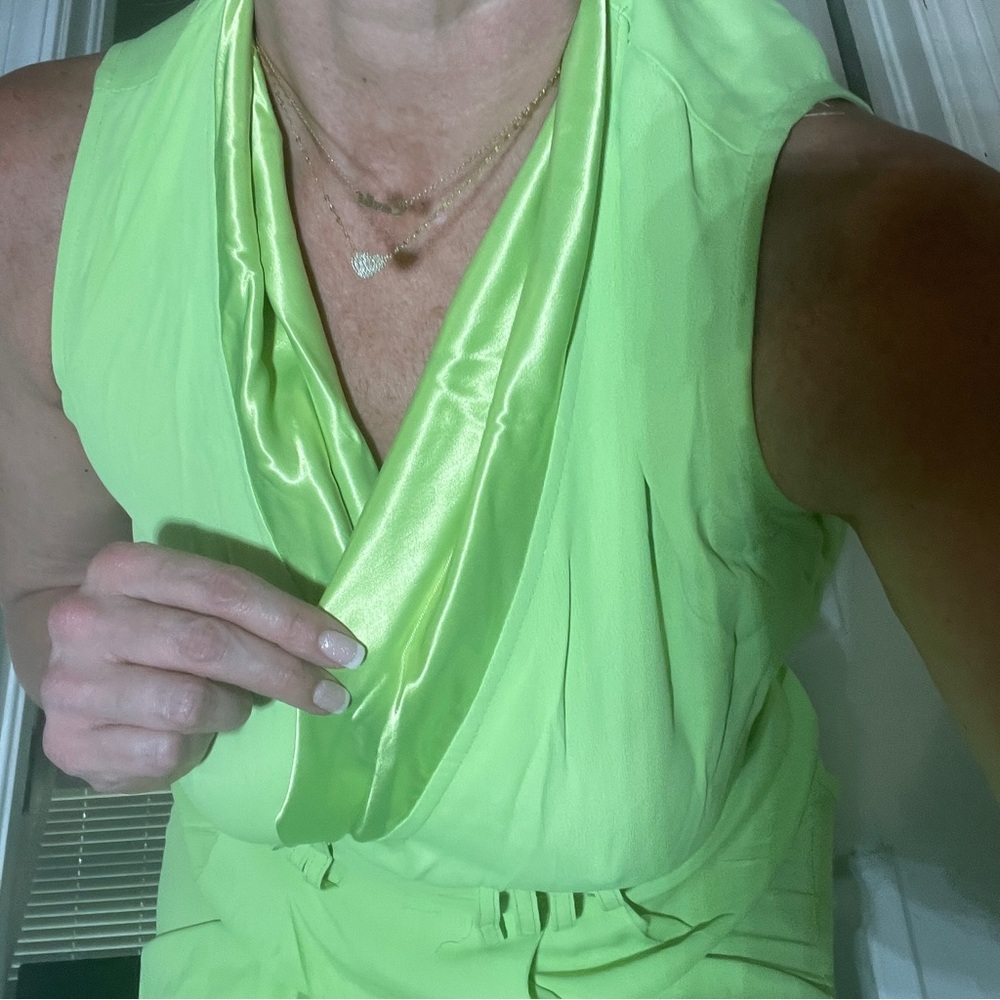 Vintage 90’s CACHE lime neon green 2 pc pantsuit. Top is sleeveless bodysuit
